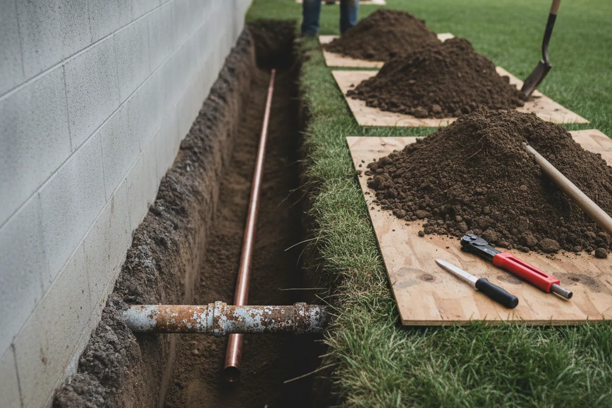 Excavated water line trench during Water Softener Installation in Rufe